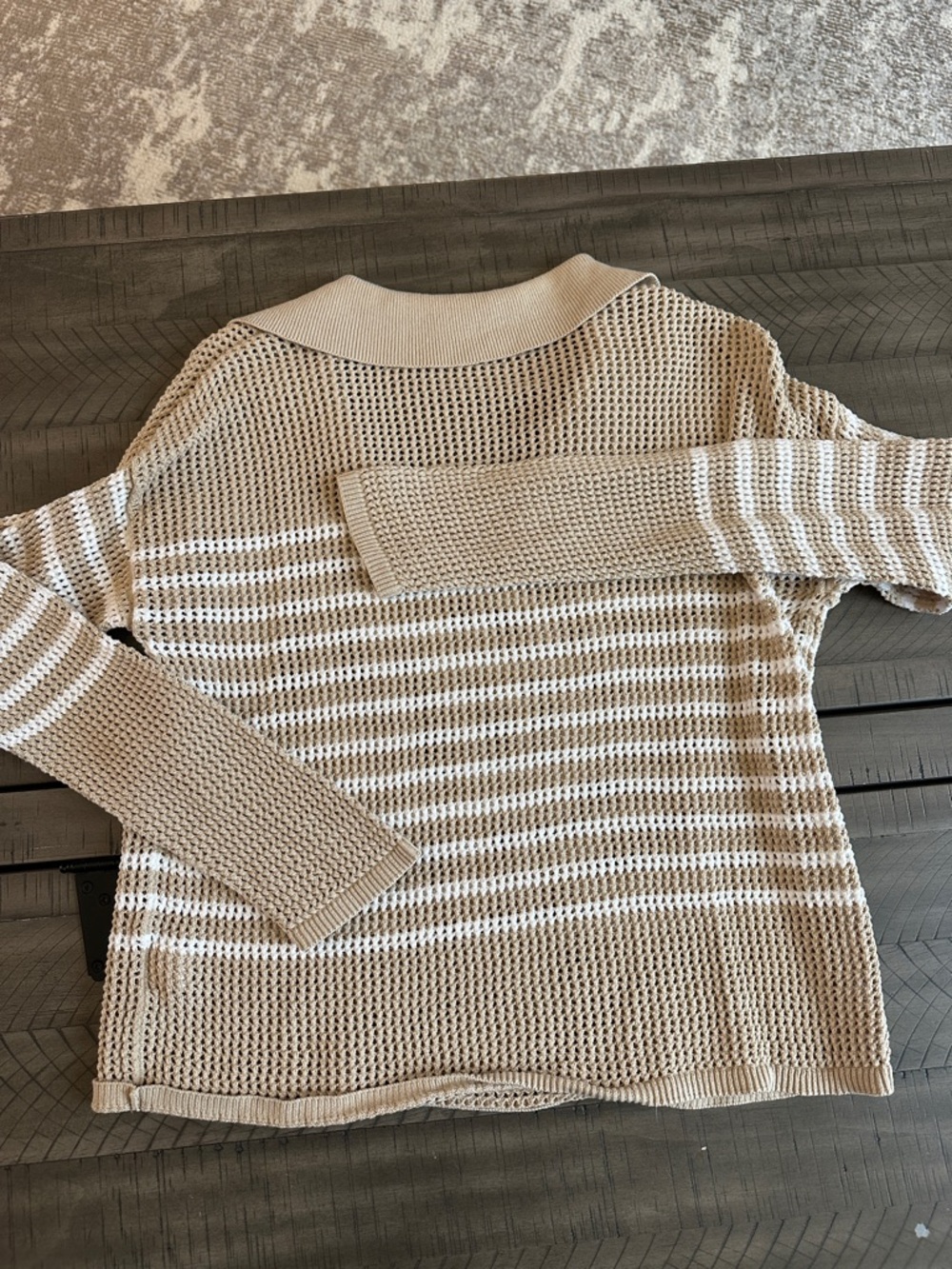 GAP Beige and White Striped Open-Knit V-Neck Polo Sweater - Picture 5 of 7